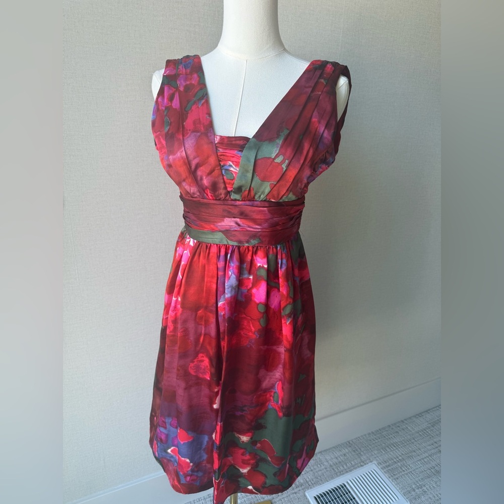 Banana Republic Red Floral Silk Midi Dress with Green Accents